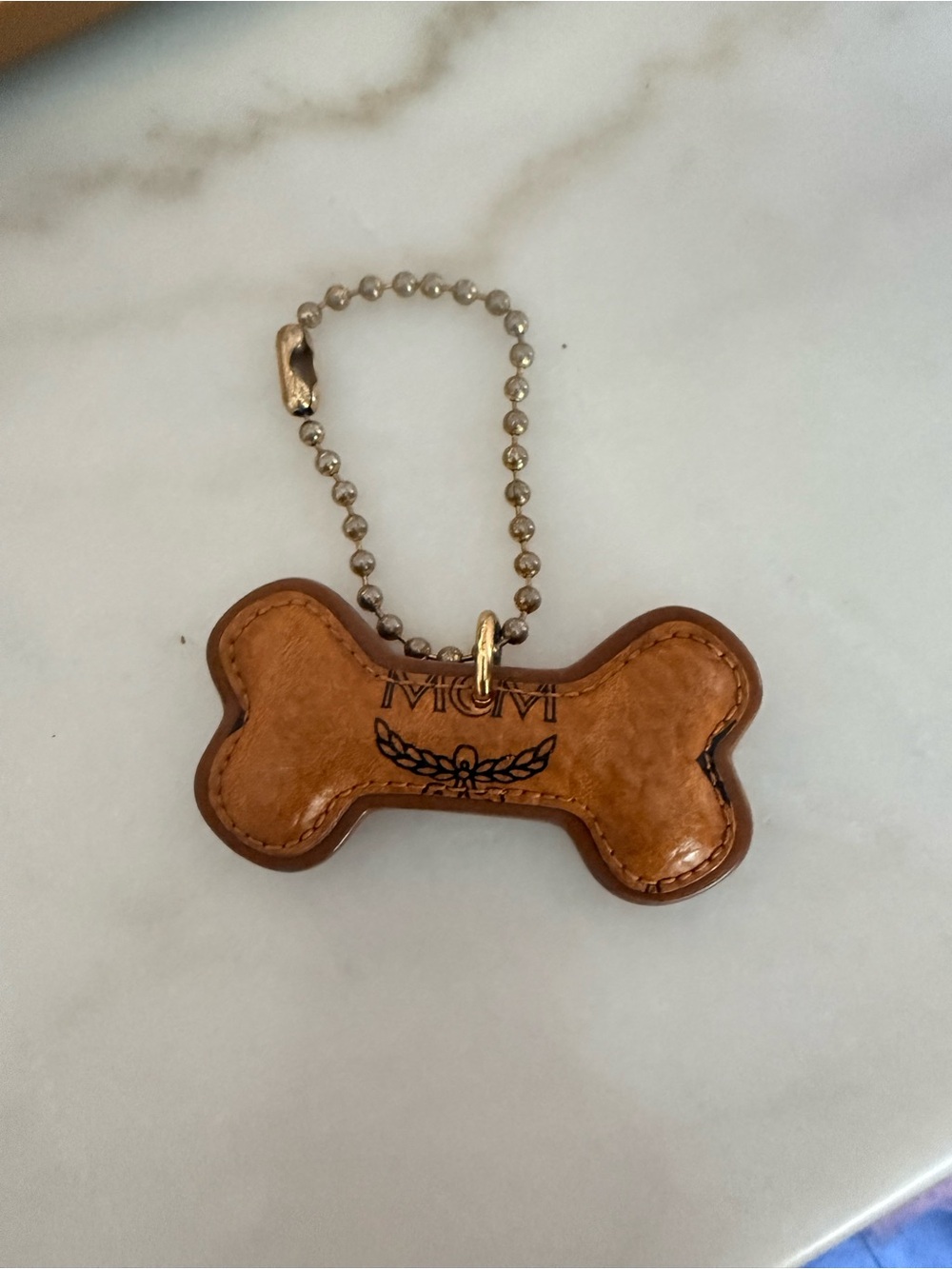 MCM Tan Brown Bone-Shaped Leather Dog Tag Keychain